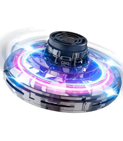 A high-tech, glowing disc with vibrant neon lights and a sleek black top, representing a futuristic science gadget for educational and decorative purposes.