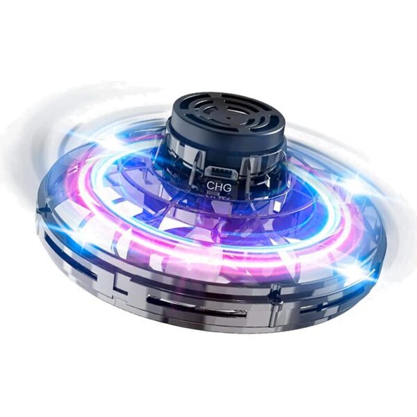 A high-tech, glowing disc with vibrant neon lights and a sleek black top, representing a futuristic science gadget for educational and decorative purposes.
