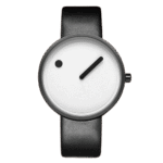 Modern minimalist watch with a black leather strap and a simple white dial featuring a single black hand and a small black dot, showcasing sleek design and functionality.
