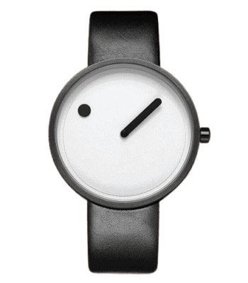 Modern minimalist watch with a black leather strap and a simple white dial featuring a single black hand and a small black dot, showcasing sleek design and functionality.
