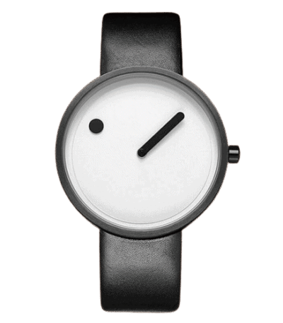 Modern minimalist watch with a black leather strap and a simple white dial featuring a single black hand and a small black dot, showcasing sleek design and functionality.