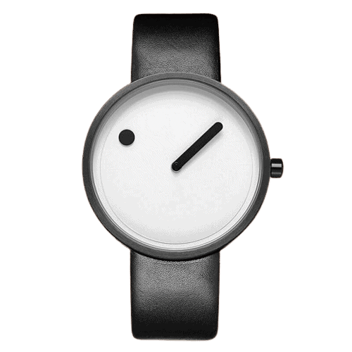 Modern minimalist watch with a black leather strap and a simple white dial featuring a single black hand and a small black dot, showcasing sleek design and functionality.