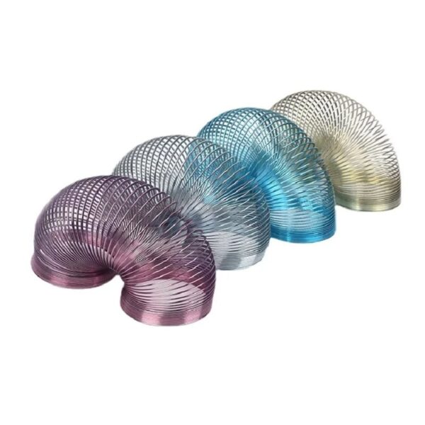 Colorful spiral glass sculptures in purple, silver, blue, and gold, showcasing modern art design and craftsmanship.