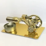 Small metallic Stirling engine model demonstrating thermodynamic principles, perfect for science experiments and educational displays.
