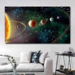 A vibrant wall art depicting the solar system with planets orbiting the Sun, perfect for educational and decorative purposes in homes or classrooms.