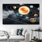 Artistic depiction of the solar system showing planets orbiting the Sun, ideal for educational spaces, classrooms, or science-themed home decor.