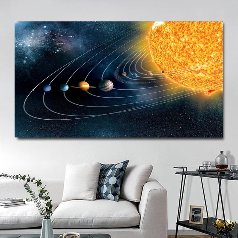 Detailed model of the solar system showing planets orbiting the Sun, perfect for educational spaces and science enthusiasts.