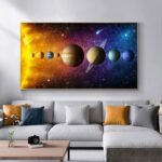 Colorful solar system wall art depicting planets and celestial bodies in vibrant hues, perfect for science classrooms, bedrooms, or living rooms to inspire curiosity about space.