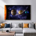 Vibrant solar system wall art featuring planets and the sun, perfect for space enthusiasts and educational decor in living rooms or classrooms.
