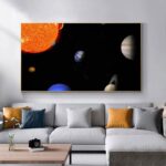 Sun and planets wall art depicting the solar system, perfect for educational decor in children's rooms or classrooms.