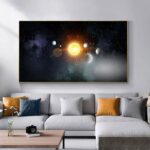 Artistic depiction of the solar system with planets orbiting the Sun, suitable for educational decor and science enthusiasts.