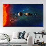 Artistic depiction of the solar system with planets and the sun, ideal for space enthusiasts and educational settings.