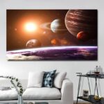 Stunning space-themed wall art featuring planets, stars, and the sun, perfect for science enthusiasts and educational decor in homes or classrooms.