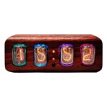 Vintage Nixie tube clock with four glowing tubes in a wooden case, showcasing retro digital display technology.