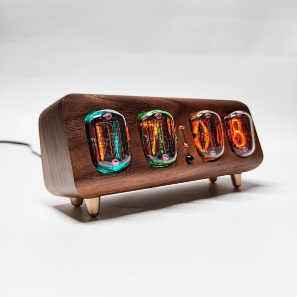 Vintage-style Nixie tube clock with a wooden casing, displaying colorful glowing numerals, perfect for science and tech enthusiasts.