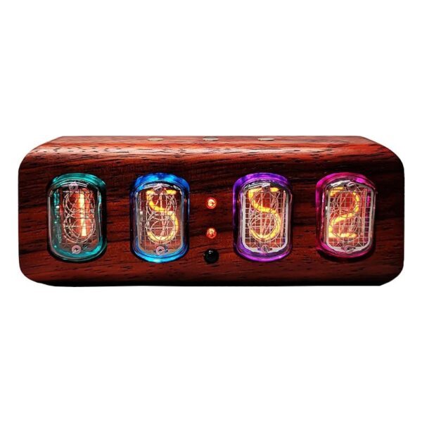 Vintage Nixie tube clock with four glowing tubes in a wooden case, showcasing retro digital display technology.