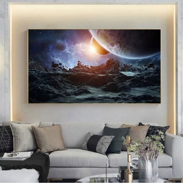 Astronomical space scene with planets and stars, perfect for science-themed decor.