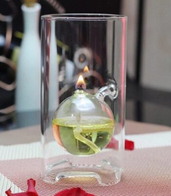Close-up of a glass apparatus with a lit flame heating a spherical container filled with a yellow-green liquid, demonstrating a chemical reaction in a laboratory setting.