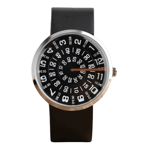 Modern Analog Wristwatch with Unique Dial Design Analog wristwatch featuring a distinctive black dial with bold white numerals and a rotating orange hand, mounted on a black strap.