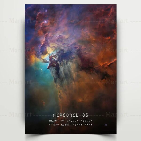Herschel 36 nebula image showing vibrant colors and cosmic dust in the Lagoon Nebula, a stellar nursery located 5,200 light-years from Earth.