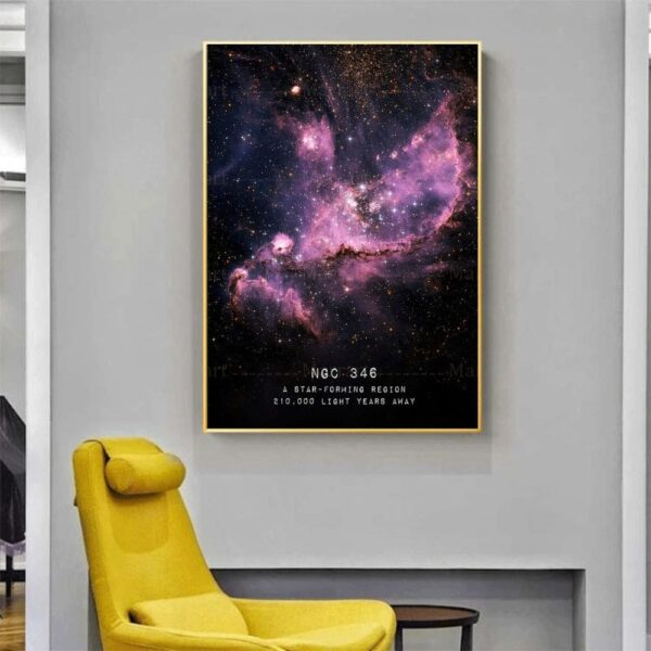 Stunning poster of a star-forming region nebula with vibrant pink and purple hues, displayed on a wall in a modern interior setting.