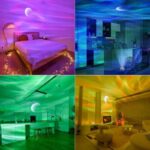 An immersive bedroom with galaxy-themed lighting and star projections creating a relaxing celestial ambiance.