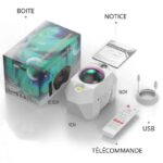 A space-themed bubble projector with a colorful LED light, remote control, USB power, and instruction manual, designed for educational and decorative use.
