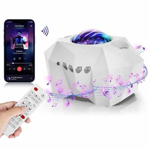 Wireless music player with built-in light effects and remote control, designed for educational and entertainment purposes. Features a sleek white design and interactive musical notes.