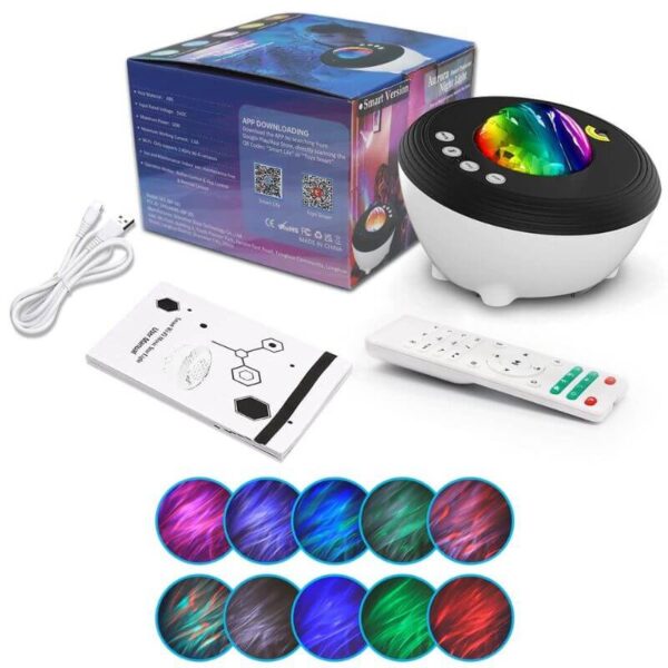 Colorful galaxy projector with app control, remote, and power cable, ideal for science decor and educational entertainment.