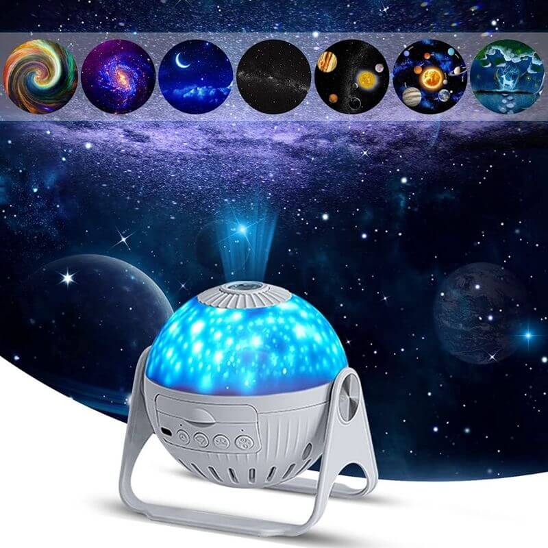 Galaxy projector night light displaying a starry sky with colorful planets and cosmic patterns, ideal for educational and decorative use.