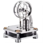 Small metallic Stirling engine model demonstrating thermodynamic principles with a spinning flywheel, ideal for educational science displays and science decor.