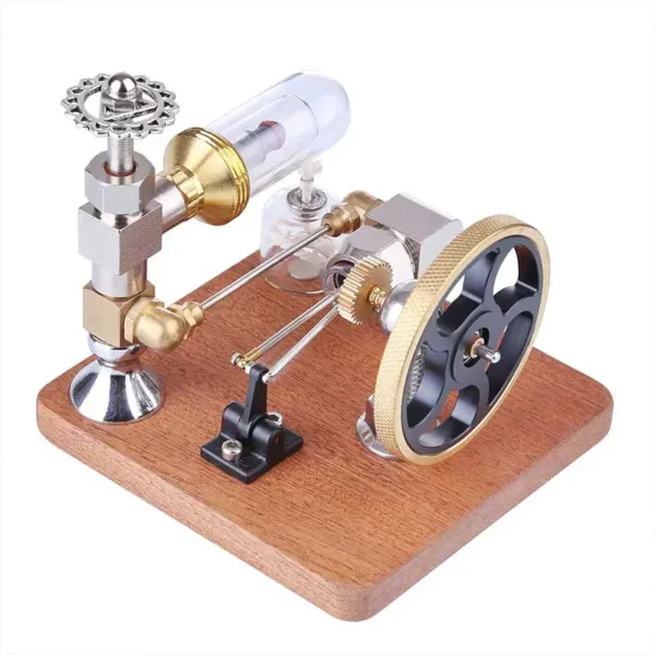 Educational magnetic Stirling engine model with metal gears, glass cylinder, and wooden base for science demonstrations and experiments.