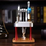 A miniature Tesla coil demonstrating electromagnetic principles with a sleek metallic design and wooden base, perfect for science enthusiasts and educational displays.