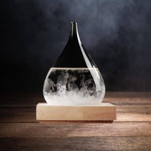 Elegant glass flask with bubbling chemical reaction on a wooden base, perfect for science decor and educational displays.