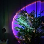 A lush green plant illuminated by colorful neon lights creating a stylish and contemporary ambiance.