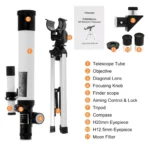 Complete telescope kit with tripod, objective, diagonal lens, and filters for beginner and advanced astronomy enthusiasts. Perfect for stargazing and educational purposes.