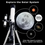 Explore the solar system with a telescope showing the Moon, Mars, Jupiter, and Saturn. Perfect for science enthusiasts and educational purposes.