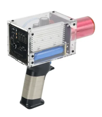 High-tech water gun with digital controls and transparent casing for educational science demonstrations.