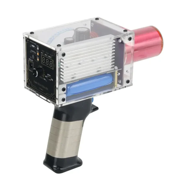 High-tech water gun with digital controls and transparent casing for educational science demonstrations.