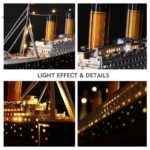 Detailed model ship illuminated with warm LED lights showcasing intricate design and craftsmanship.