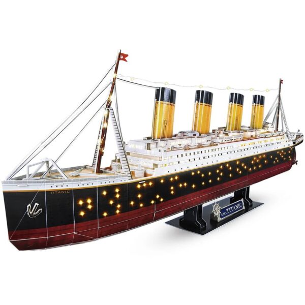 Detailed model of the Titanic ship with illuminated windows and realistic features, perfect for science decor and educational displays.