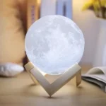 Realistic 3D moon lamp night light with wooden stand, perfect for home decor, bedroom, or office ambiance, and educational science gift.