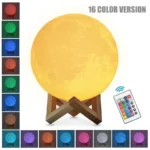A customizable moon lamp featuring 16 color options, remote control, and wooden stand, perfect for science decor and educational settings.