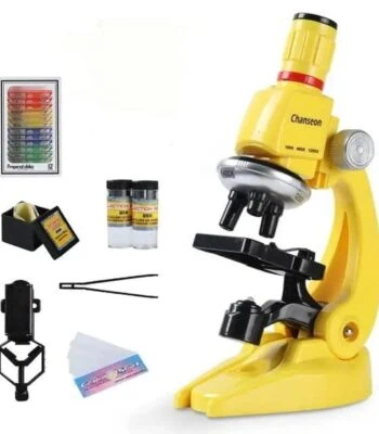 High-quality yellow educational microscope with accessories for science experiments and classroom use.