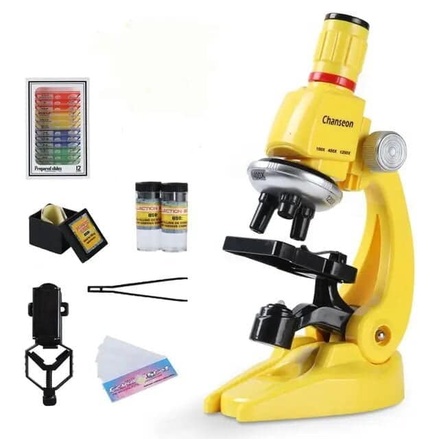 Microscope for Educational Science Experiments and Learning High-quality yellow educational microscope with accessories for science experiments and classroom use.