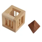 Wooden geometric puzzle cube with a separate pyramid shape for educational and STEM activities.