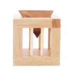 Wooden geometric puzzle toy featuring a cube with a pyramid and rods, ideal for educational and sensory play for children and adults.