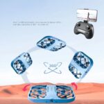 Blue drone camera gimbal with 360-degree rotation capability, shown with remote control and smartphone for remote flying and filming.