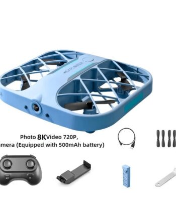 Small blue quadcopter drone with camera, remote control, USB charger, and spare propellers, ideal for educational and recreational use.