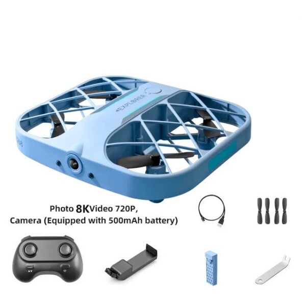 Small blue quadcopter drone with camera, remote control, USB charger, and spare propellers, ideal for educational and recreational use.